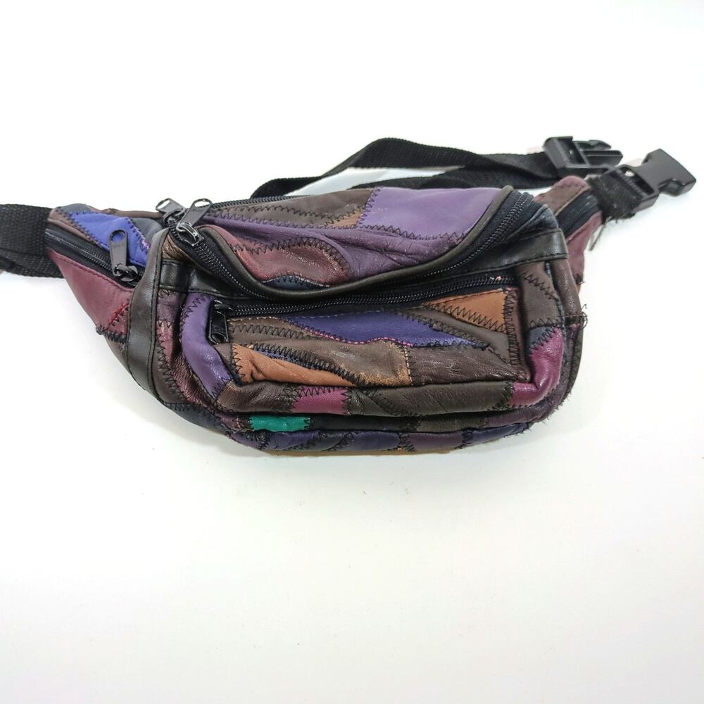 VTG Leather Patchwork Fanny Pack Brown Purple Blue Tan Belt Bag 9 x 5.5 x 3" 80s - Picture 9 of 10